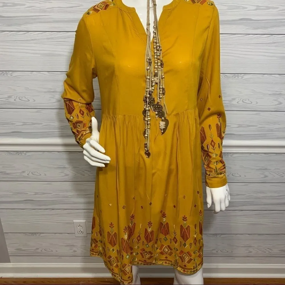 Beach Lunch Lounge Mustard Yellow Aztec Finely Embroidered Boho Dress - S‎